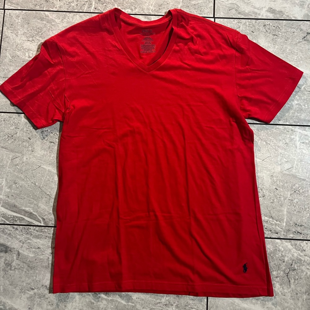 Polo Ralph Lauren Red Classic Fit 100% Cotton Short Sleeve V-Neck Shirt, Pony L